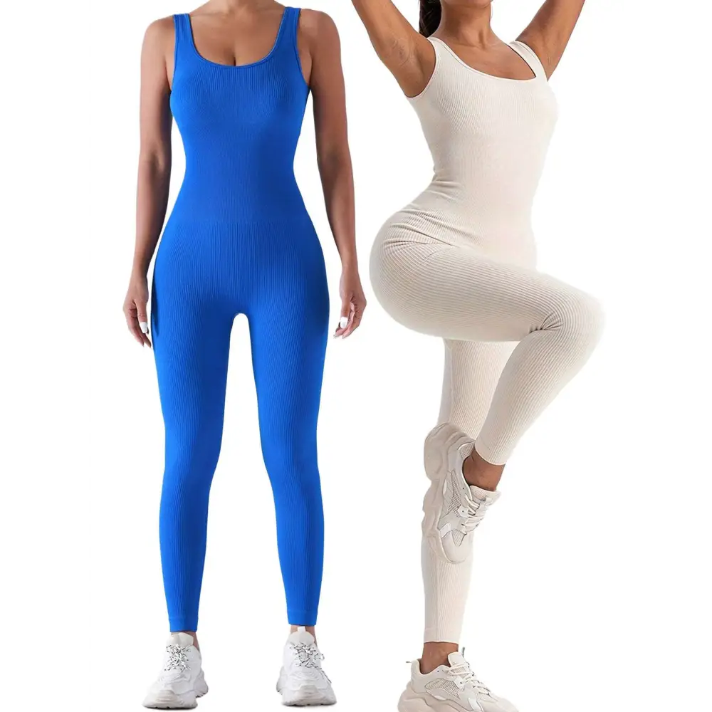 2 Pack Ribbed Solid Color Sport Casual Wear Jumpsuits